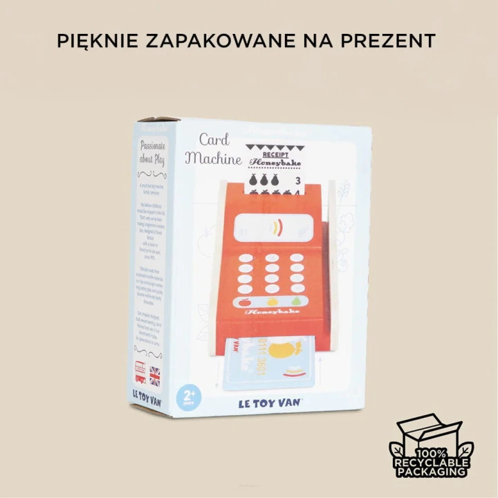 Drewniany terminal do płacenia kartą Le Toy Van – zdjęcie z pudełkiem.