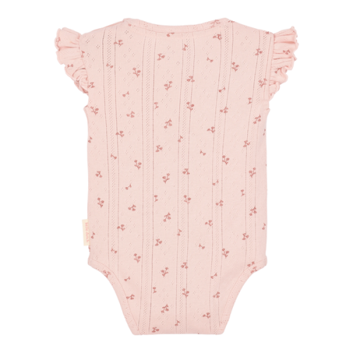 Różowe body bez rękawków w kwiatki tył na białym tle