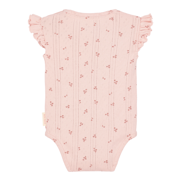 Różowe body bez rękawków w kwiatki tył na białym tle