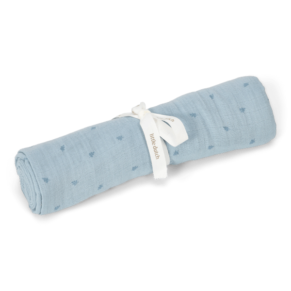 Otulacz muślinowy niebieski w delikatne listki