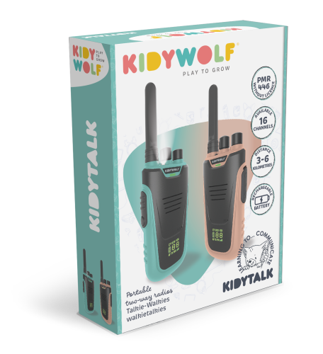 Kidywolf KIDYTALK walkie talkie turkusowo bezowe opakowanie