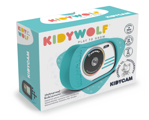 Kidywolf KIDYCAM aparat wodoodporny mietowy opakowanie i zestaw