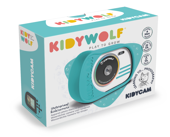 Kidywolf KIDYCAM aparat wodoodporny mietowy opakowanie i zestaw