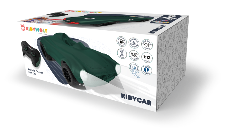 Kidywolf Kidycar zielone auto zdalnie sterowane opakowanie i wizualizacja zestawu