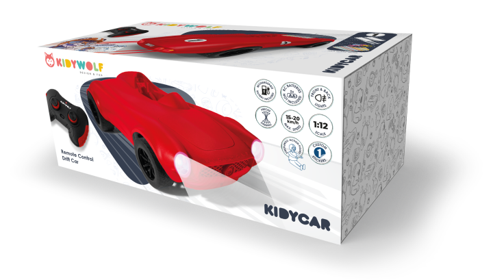 Kidywolf Kidycar czerwone auto zdalnie sterowane opakowanie i wizualizacja zestawu