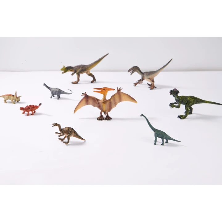 Pełny zestaw 24 figurek dinozaurów Mideer widziany z góry