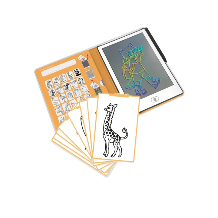 Otwarty tablet KIDYDRAW MINI Animals z ekranem LCD, rysikiem i kartami do odrysowywania