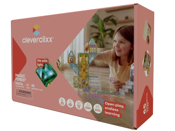 Cleverclixx Magic Forest Pack Pastel 65 el. – opakowanie klocków magnetycznych z płytką świetlną
