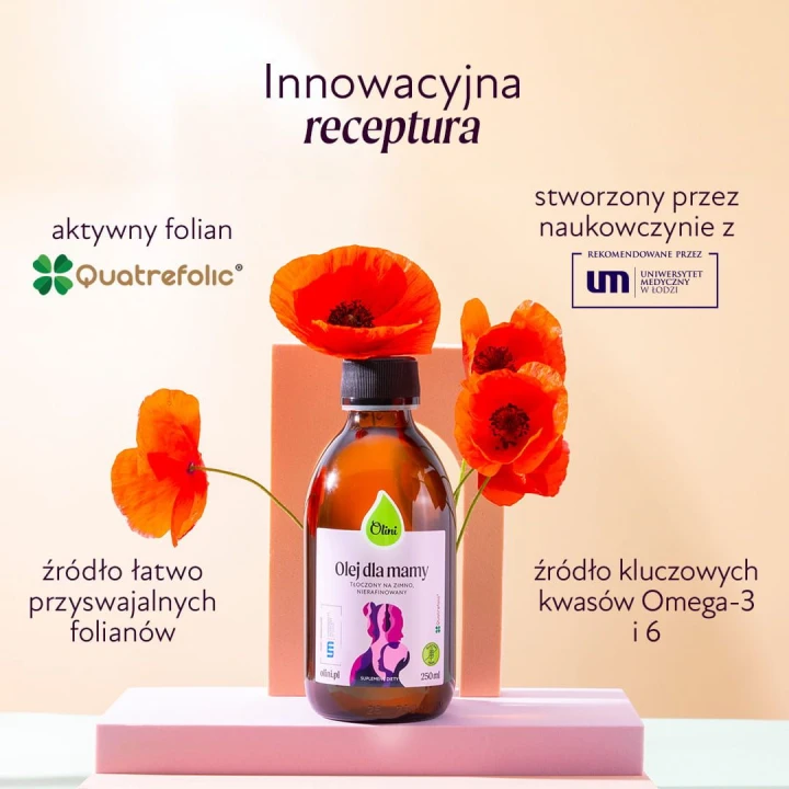 Olini Olej dla mamy 250 ml – pięć olejów roślinnych i aktywny folian