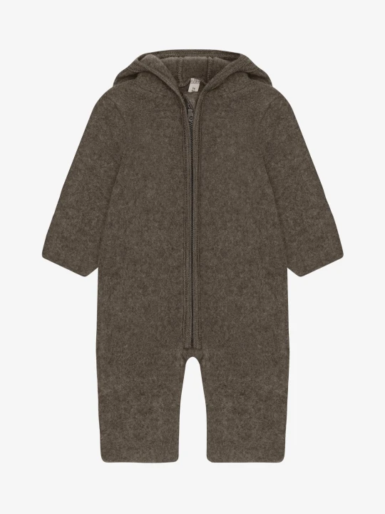 HUTTEliHUT Pram Suit Ears Wool Fleece Brown Melange kombinezon niemowlęcy z wełny merino