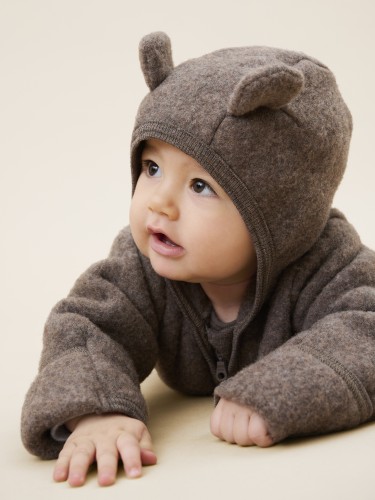 HUTTEliHUT Pram Suit Ears Wool Fleece Brown Melange na dziecku