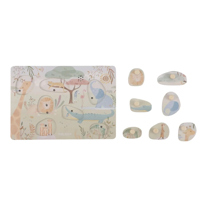 Little Dutch Safari Friends drewniane puzzle dźwiękowe – elementy zestawu