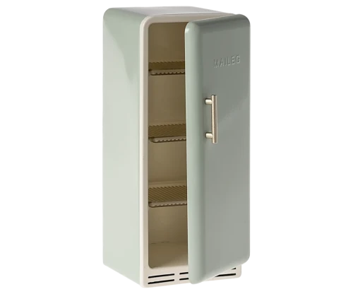 Maileg Fridge Miniature Mint – otwarta miętowa lodówka do domku z półkami