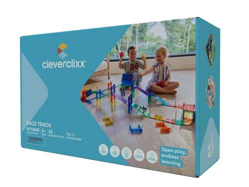 Cleverclixx Race Track Intense 65 elementów: klocki magnetyczne z torem wyścigowym