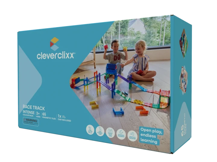 Cleverclixx Race Track Intense 65 elementów: klocki magnetyczne z torem wyścigowym