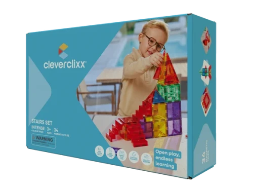 Cleverclixx Stairs Set Intense 34 elementy - pudełko klocków magnetycznych ze schodami
