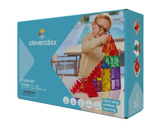 Cleverclixx Stairs Set Intense 34 elementy - pudełko klocków magnetycznych ze schodami